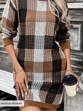 Brown Plaid Knit Sweater Dress